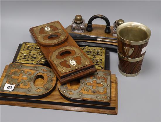 Three Victorian book slides, an ink stand and a beaker